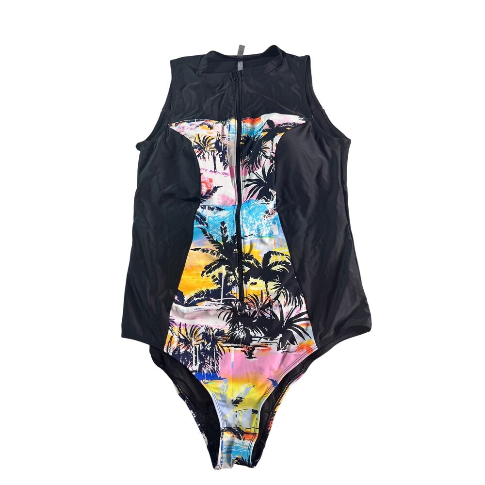 Torrid 2X 18/20 Tropical Palm Zip Front One Piece Swimsuit Black Multicolor